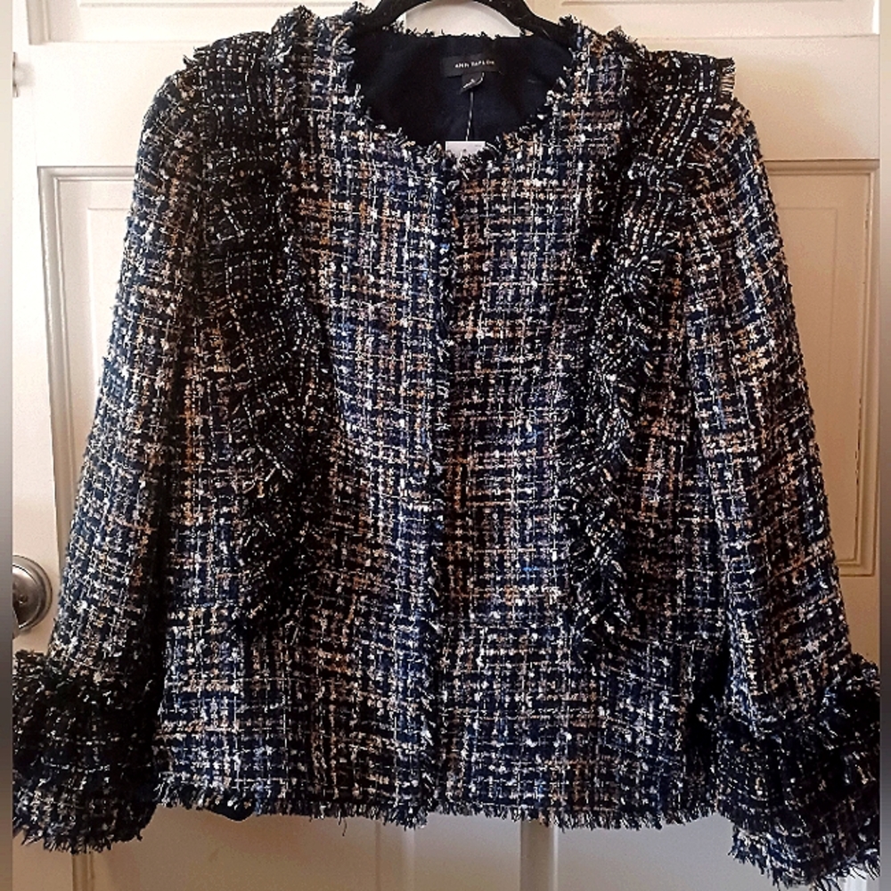 ANN TAYLOR Fringe Tweed Short Cardigan Jacket - Size 16 NWT